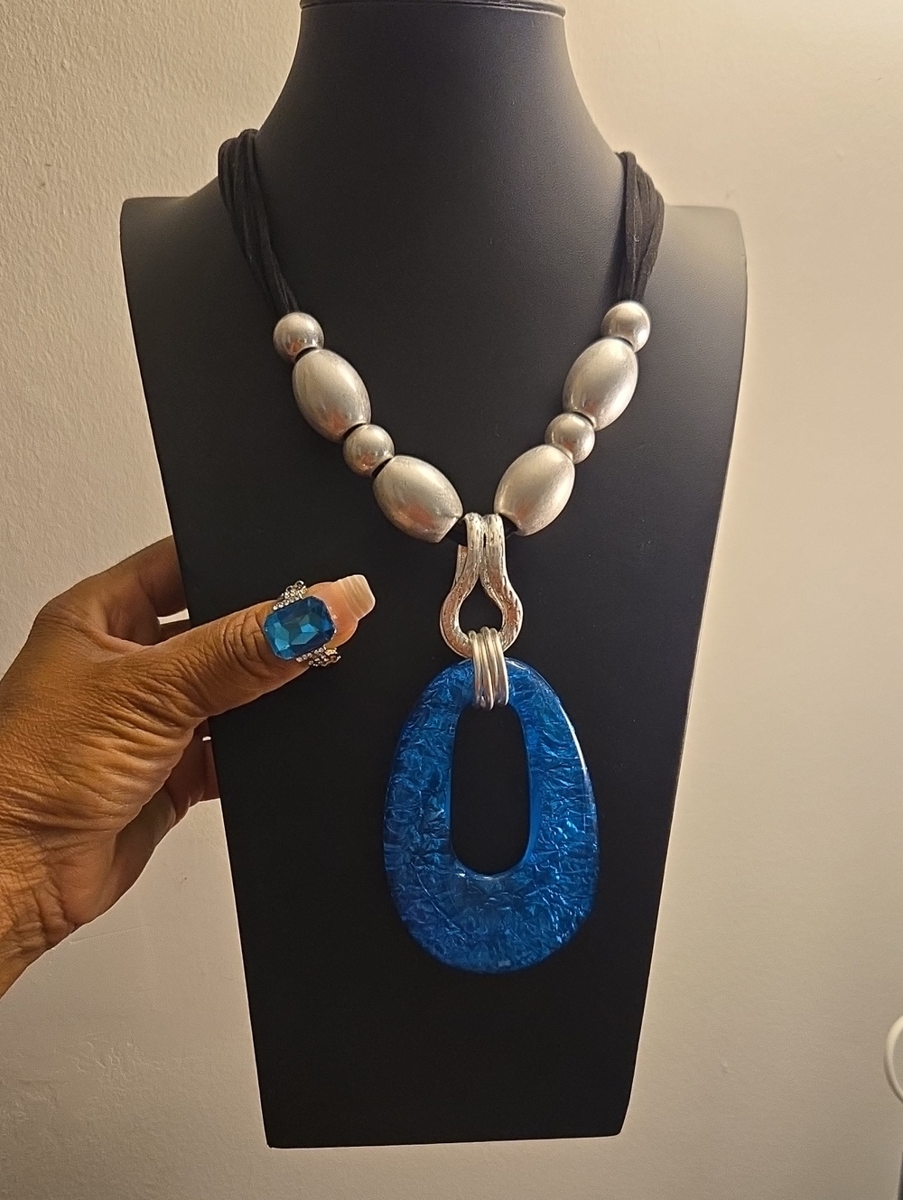 Blue Resin Pendant Necklace with Silver Accents - Women Jewelry